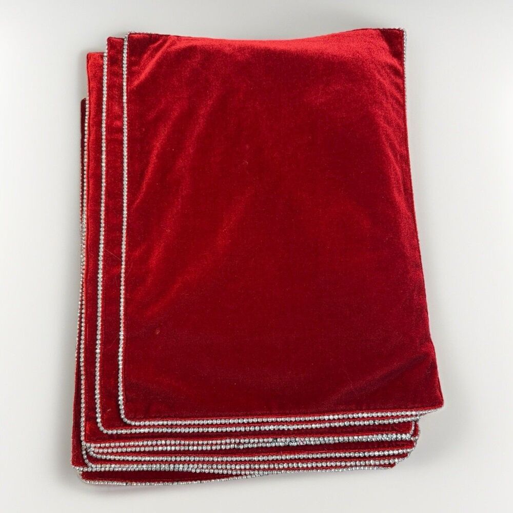 Red Velvet Rhinestone Placemats‎ Set of 8 Glam Holiday Table Decor